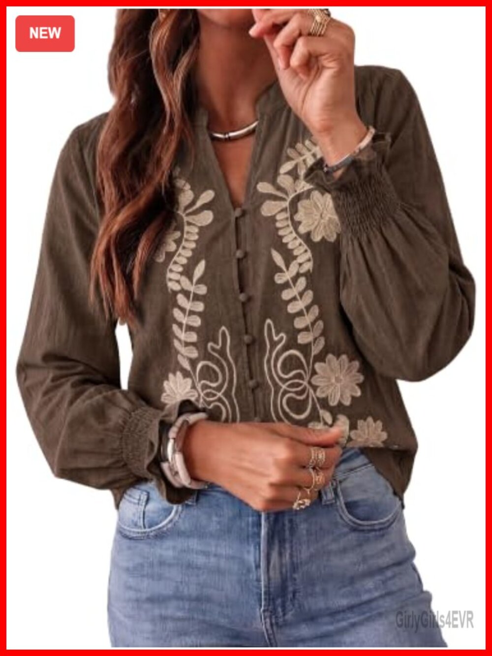 Women's Boho Embroidered Button Down Blouse Puff Sleeve V Neck
